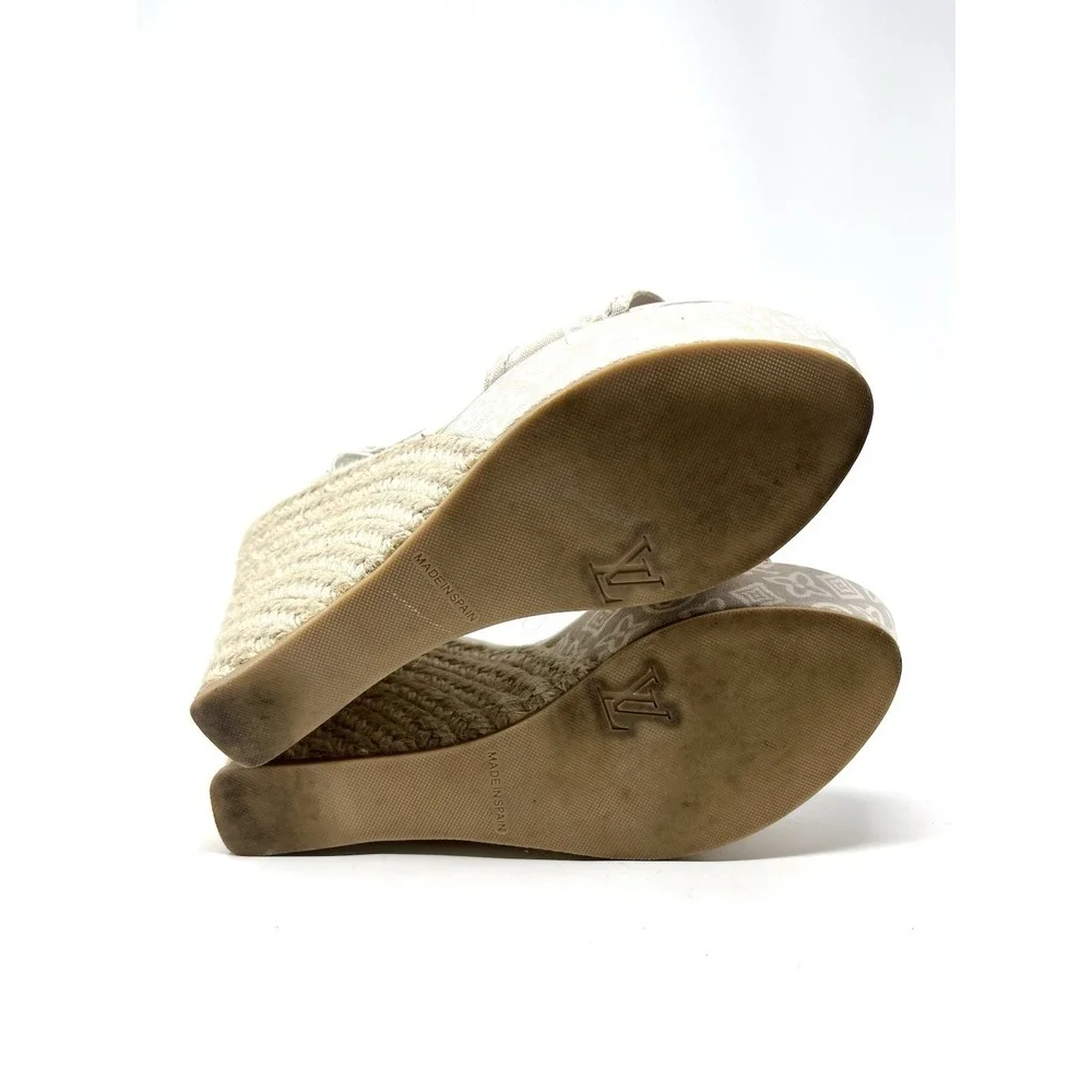 Louis Vuitton Beige Denim Logo Monogram Flat Platform Espadrilles Sandals 37.5